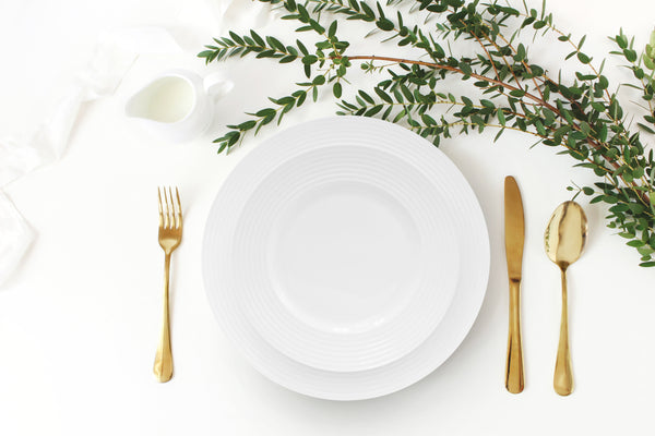 QOUTIQUE Bone China Dinnerware, 20PC Set, Service for 4, White Embossed, circle, Microwave Safe, Translucent, Elegant giftware, Dish set, Essential Home, Kitchen Dishes, Dinner Set