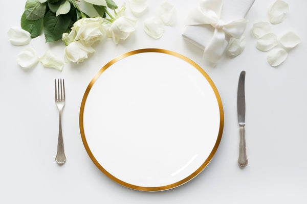 FAVA Bone China White Gold Rim Flat Dessert Plates Set, 8 inch, Set of 6, 6 Piece White Dessert Plate Set, Serving Dish Set, Oven, and Dishwasher Safe, Scratch Resistant, Dinnerware Party Plates