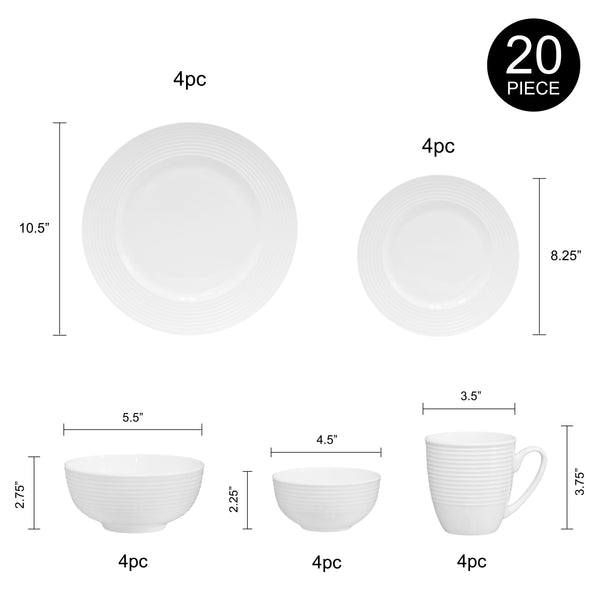 QOUTIQUE Bone China Dinnerware, 20PC Set, Service for 4, White Embossed, circle, Microwave Safe, Translucent, Elegant giftware, Dish set, Essential Home, Kitchen Dishes, Dinner Set