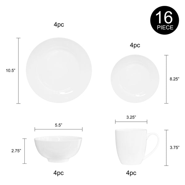 Bone China 16 Piece Dinnerware Set, Service for 4, White, Microwave Safe, Dishwasher Safe,Chip Resistant, Translucent, Elegant giftware, Dish set, For, Essential Home, Everyday Living, Kitchen Set