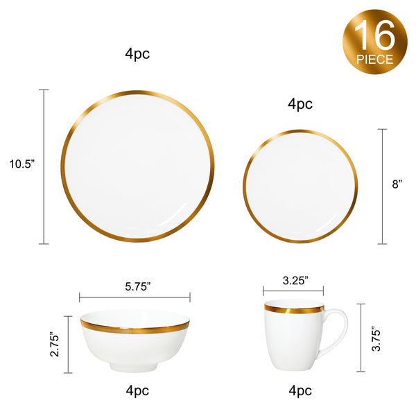 Bone China Dinnerware, 16PC Set, Service for 4, Wide Gold Rim, White, Microwave Safe, Elegant Giftware, Dish set, Essential Home, Everyday Living, Display, decoration, Kitchen Dishes, Dinner set