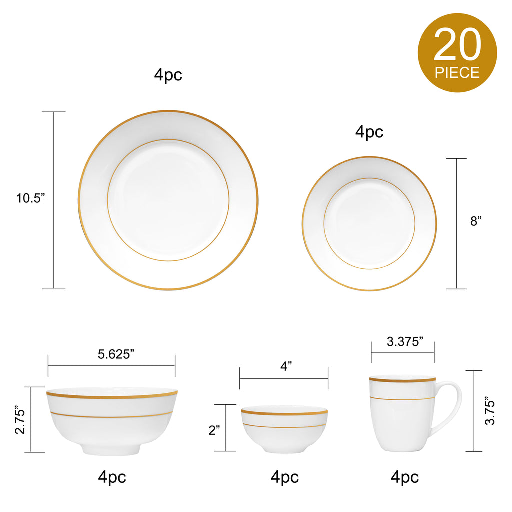 Bone China Dinnerware 20PC Set Service for 4 Double Gold Rim White www.gooddealcorp