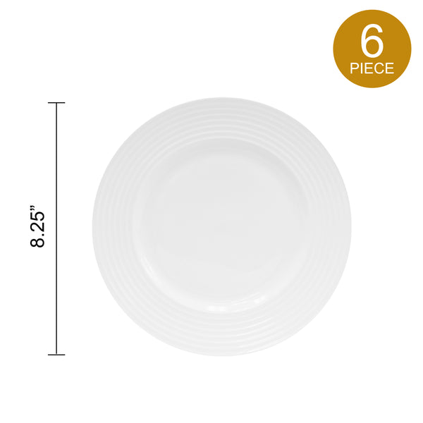QOUTIQUE Bone China White Embossed Flat Dessert Plates Set, 8.25 inch, Set of 6, 6 Piece White Dessert Plate Set, Microwave and Dishwasher Safe, Scratch Resistant, Dinnerware Party Plates