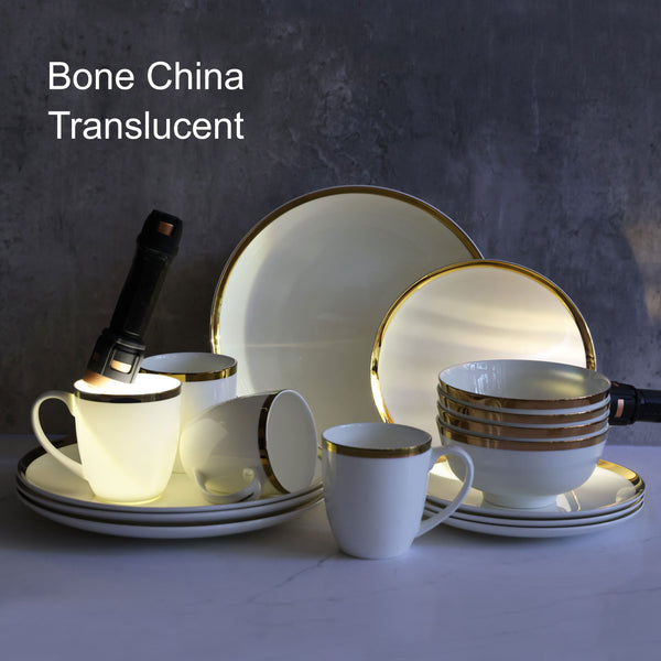 Bone China Dinnerware, 16PC Set, Service for 4, Wide Gold Rim, White, Microwave Safe, Elegant Giftware, Dish set, Essential Home, Everyday Living, Display, decoration, Kitchen Dishes, Dinner set