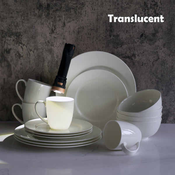 Bone China 16 Piece Dinnerware Set, Service for 4, White, Microwave Safe, Dishwasher Safe,Chip Resistant, Translucent, Elegant giftware, Dish set, For, Essential Home, Everyday Living, Kitchen Set