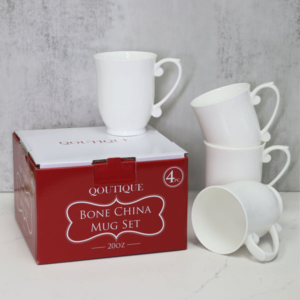 QOUTIQUE Bone China Coffee Mugs - 20 Ounce - Set of 4, Cups for Latte, Hot Tea, Cappuccino, Mocha, Cocoa, Mug Set, Large Coffee Mug, White