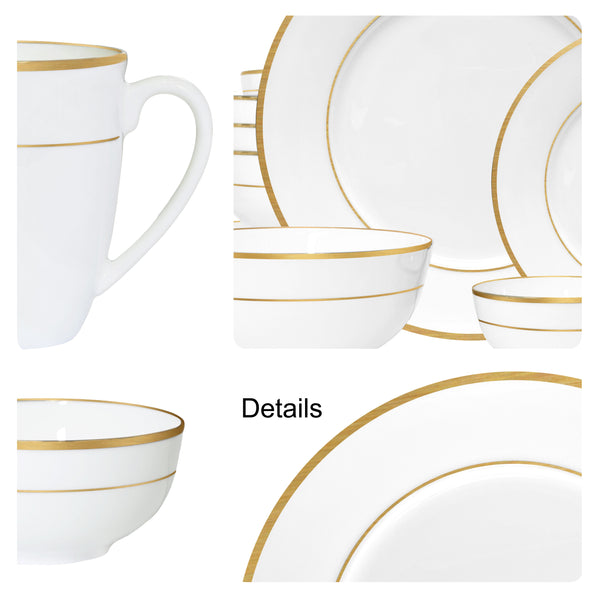 Bone China Dinnerware, 20PC Set, Service for 4, Double Gold Rim, White, Microwave Safe, Elegant Giftware, Dish set, Essential Home, Everyday Living, Display, decoration, Kitchen Dishes, Dinner set