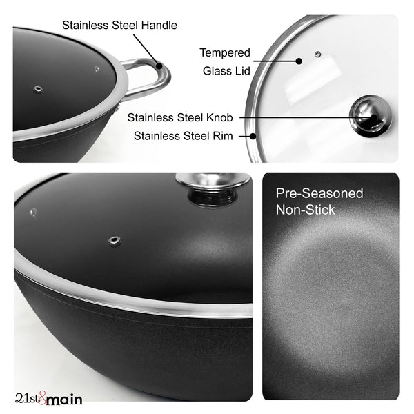 6 Quarts Cast Iron Dutch Oven Stock Pot, wok, Pre-Seasoned nonstick, with tempered glass lid, 2 side handles, caldero for everyday kitchen and camp, large braiser for cooking, deep fry pan, Light