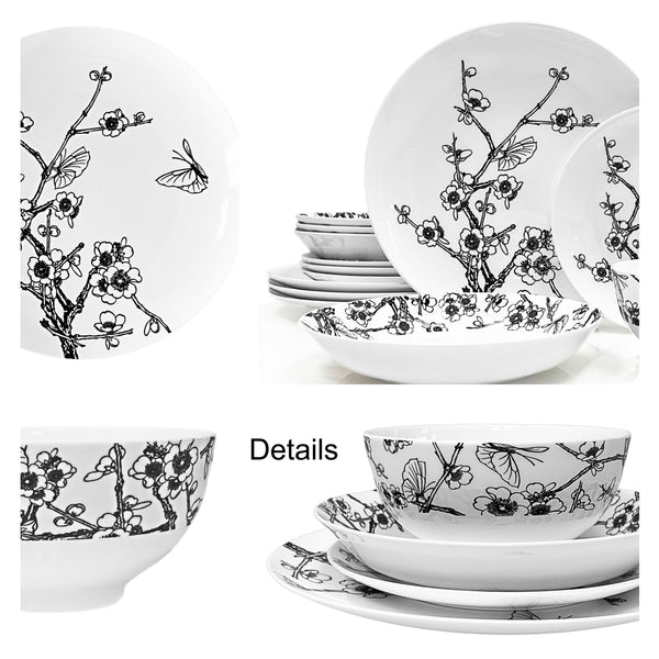 Dinnerware Set, Fine Bone China, 16 Pieces, Plates and Bowls set, Service for 4, Bloom Garden, Microwave Safe, Dish set, Essential Home, Everyday Living, Kitchen Dishes, Dinner set, Giftware