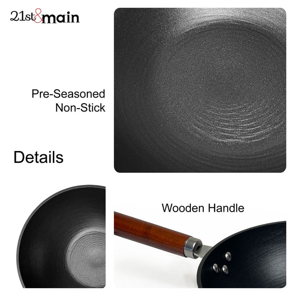 11 Inch, Lightweight Cast Iron, Wok, Stir Fry Pan, Wooden Handle, chef’s pan, pre-seasoned nonstick, for Chinese Japanese and other cooking