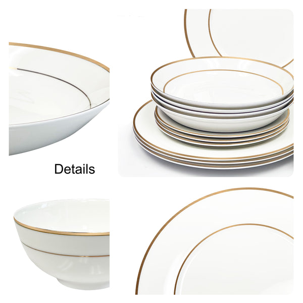 Bone China Dinnerware, 16PC Set, Service for 4, Double Gold Rim, White, Microwave Safe, Elegant Giftware, Dish set, Essential Home, Everyday Living, Display, decoration, Kitchen Dishes, Dinner set