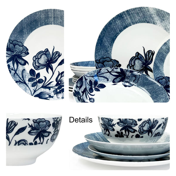 Dinnerware, Fine Bone China, 16 Piece Plates and Bowls Set, Service for 4, Indigo Rose, Microwave Safe, Dish set, Essential Home, Everyday Living, Kitchen Dishes, Dinner set, Giftware