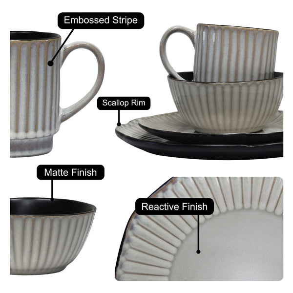 QOUTIQUE, Reactive Glaze Dishes Dinnerware Set, 16 Pieces, Stoneware, plates and bowls sets, Service for 4, Stripe, Microwave Safe, Chip Resistant, for everyday casual kitchen and formal dinner