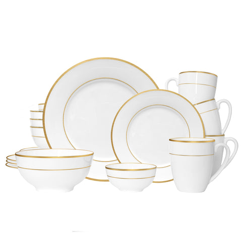 Bone China Dinnerware, 20PC Set, Service for 4, Double Gold Rim, White, Microwave Safe, Elegant Giftware, Dish set, Essential Home, Everyday Living, Display, decoration, Kitchen Dishes, Dinner set