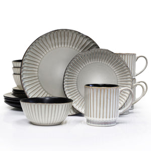 QOUTIQUE, Reactive Glaze Dishes Dinnerware Set, 16 Pieces, Stoneware, plates and bowls sets, Service for 4, Stripe, Microwave Safe, Chip Resistant, for everyday casual kitchen and formal dinner