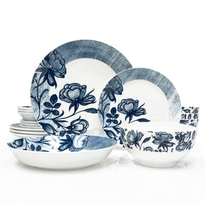 Dinnerware, Fine Bone China, 16 Piece Plates and Bowls Set, Service for 4, Indigo Rose, Microwave Safe, Dish set, Essential Home, Everyday Living, Kitchen Dishes, Dinner set, Giftware