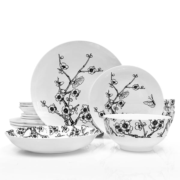 Dinnerware Set, Fine Bone China, 16 Pieces, Plates and Bowls set, Service for 4, Bloom Garden, Microwave Safe, Dish set, Essential Home, Everyday Living, Kitchen Dishes, Dinner set, Giftware