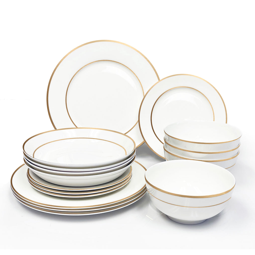 Bone China Dinnerware 16pc Set Service for 4 Double Gold Rim White Microwave Safe Elegant Giftware Dish Set Essential Home Everyday Living Display