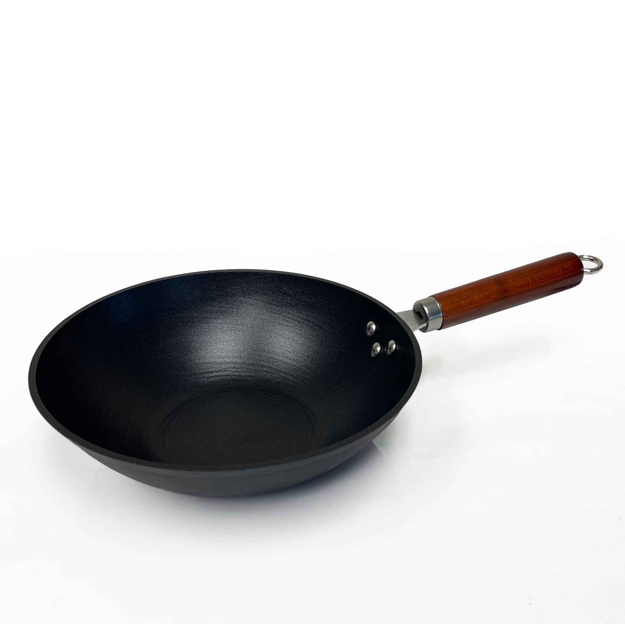 14 inch Lightweight Cast Iron Wok with Glass Lid Stir Fry Pan Wooden Handle Chef’s Pan Pre-Seasoned Nonstick for Chinese Japanese and Other Cooking
