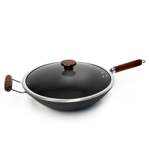 14 Inch, Lightweight Cast Iron, Wok, with Glass Lid, Stir Fry Pan, Wooden Handle, chef’s pan, pre-seasoned nonstick, for Chinese Japanese and other cooking