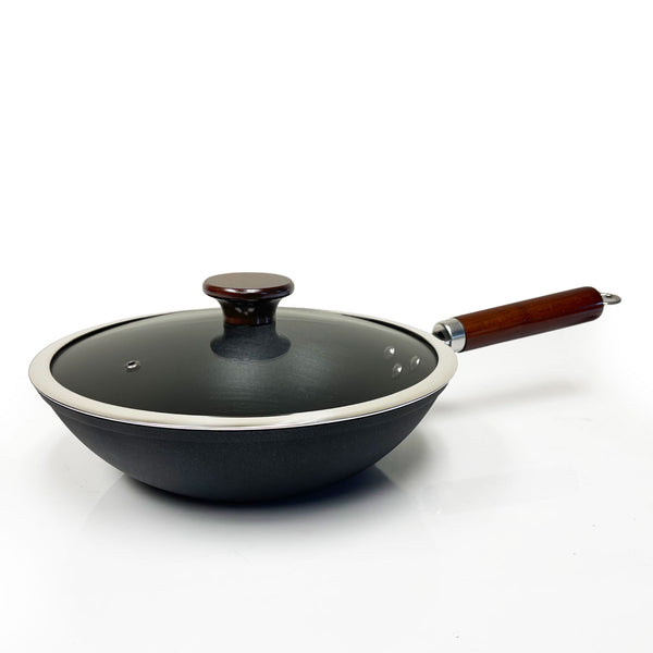 11 Inch, Lightweight Cast Iron, Wok, with Glass Lid, Stir Fry Pan, Wooden Handle, chef’s pan, pre-seasoned nonstick, for Chinese Japanese and other cooking