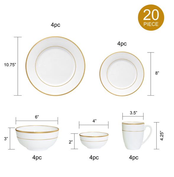 Bone China Dinnerware, 20PC Set, Service for 4, Double Gold Rim, White, Microwave Safe, Elegant Giftware, Dish set, Essential Home, Everyday Living, Display, decoration, Kitchen Dishes, Dinner set