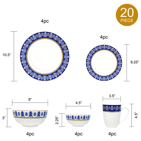 Bone China Dinnerware, 20PC Set, Service for 4, Golden Shanti, Microwave Safe, Elegant Giftware, Dish set, Essential Home, Everyday Living, Display, decoration, Kitchen Dishes, Dinner set