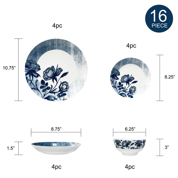 Dinnerware, Fine Bone China, 16 Piece Plates and Bowls Set, Service for 4, Indigo Rose, Microwave Safe, Dish set, Essential Home, Everyday Living, Kitchen Dishes, Dinner set, Giftware