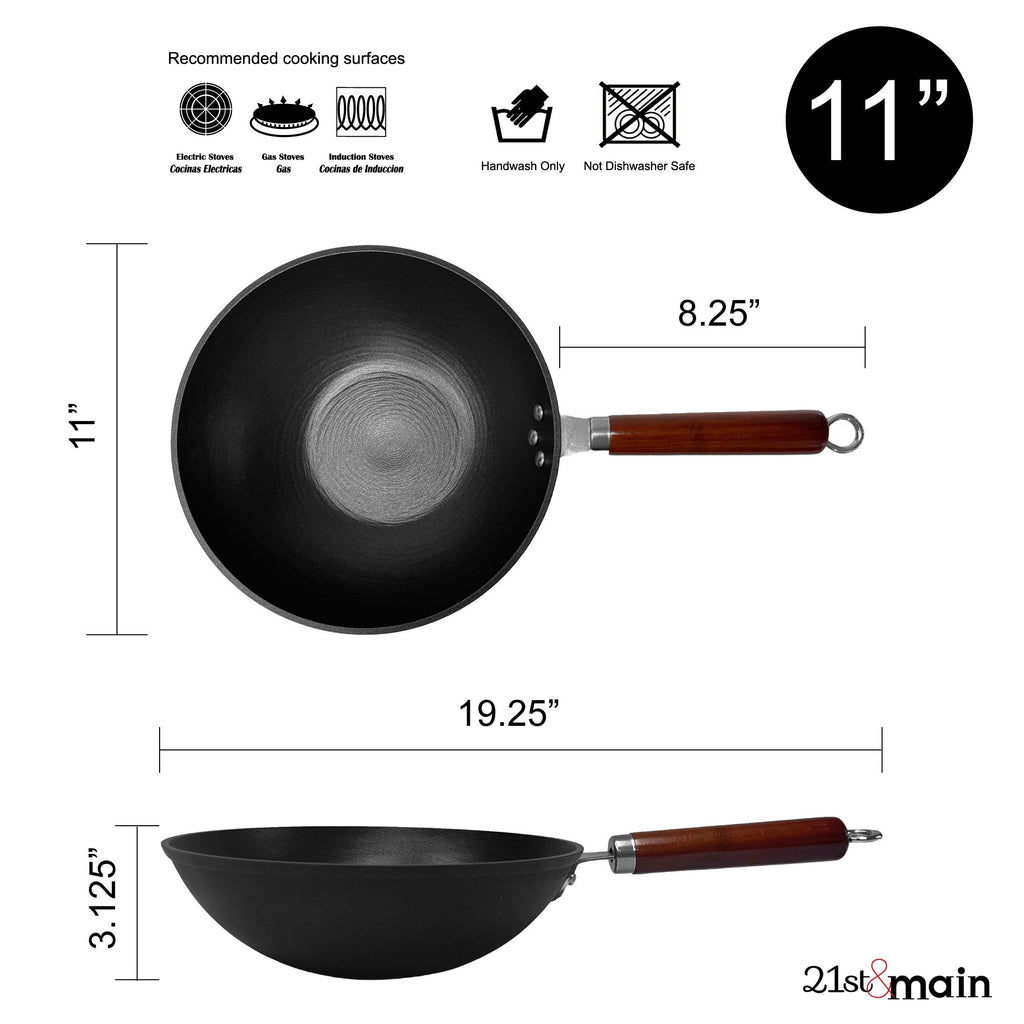 21st & Main Wok, Stir Fry Pan, Wooden Handle, 11 inch, Lightweight Cast Iron, Chef’s Pan, Pre-Seasoned Nonstick, for Chinese Japanese and Other