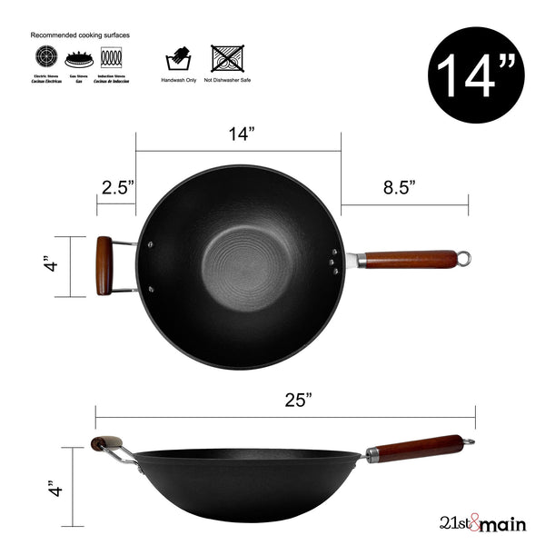 14 Inch, Lightweight Cast Iron, Wok, Stir Fry Pan, Wooden Handle, chef’s pan, pre-seasoned nonstick, for Chinese Japanese and other cooking