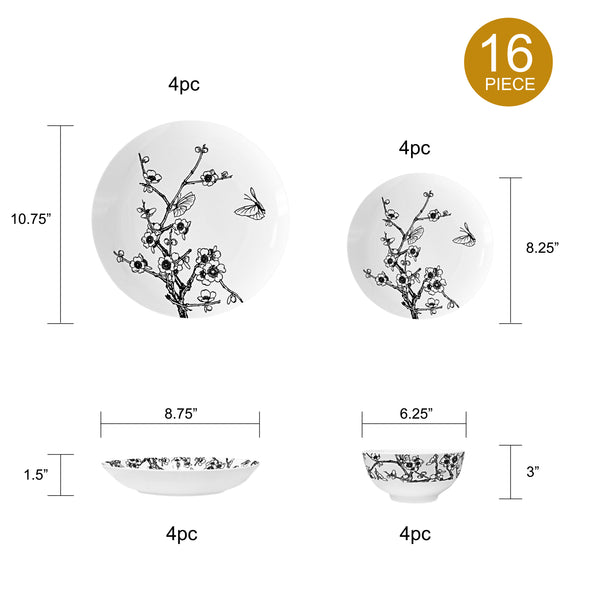 Dinnerware Set, Fine Bone China, 16 Pieces, Plates and Bowls set, Service for 4, Bloom Garden, Microwave Safe, Dish set, Essential Home, Everyday Living, Kitchen Dishes, Dinner set, Giftware