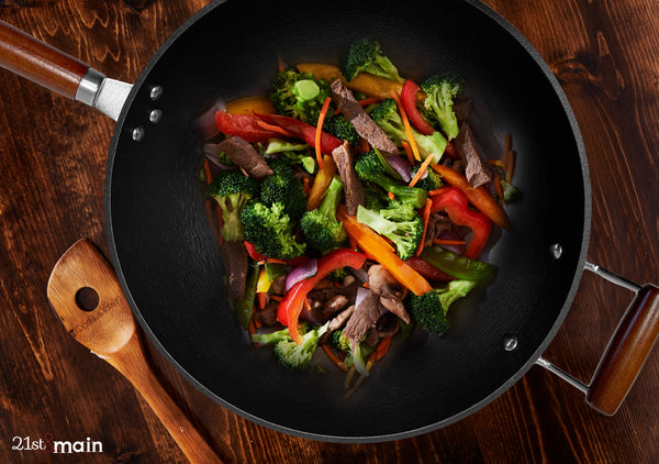 14 Inch, Lightweight Cast Iron, Wok, with Glass Lid, Stir Fry Pan, Wooden Handle, chef’s pan, pre-seasoned nonstick, for Chinese Japanese and other cooking