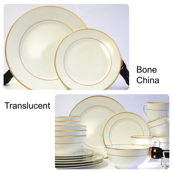 Bone China Dinnerware, 20PC Set, Service for 4, Double Gold Rim, White, Microwave Safe, Elegant Giftware, Dish set, Essential Home, Everyday Living, Display, decoration, Kitchen Dishes, Dinner set