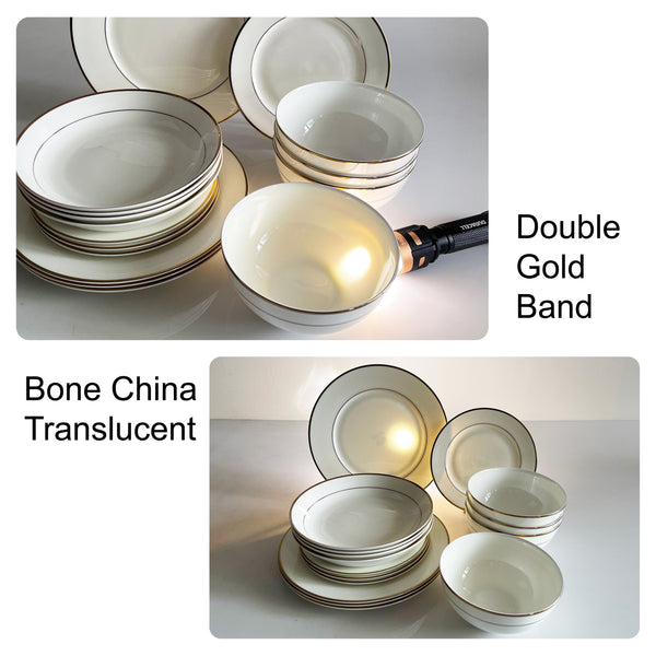Bone China Dinnerware, 16PC Set, Service for 4, Double Gold Rim, White, Microwave Safe, Elegant Giftware, Dish set, Essential Home, Everyday Living, Display, decoration, Kitchen Dishes, Dinner set
